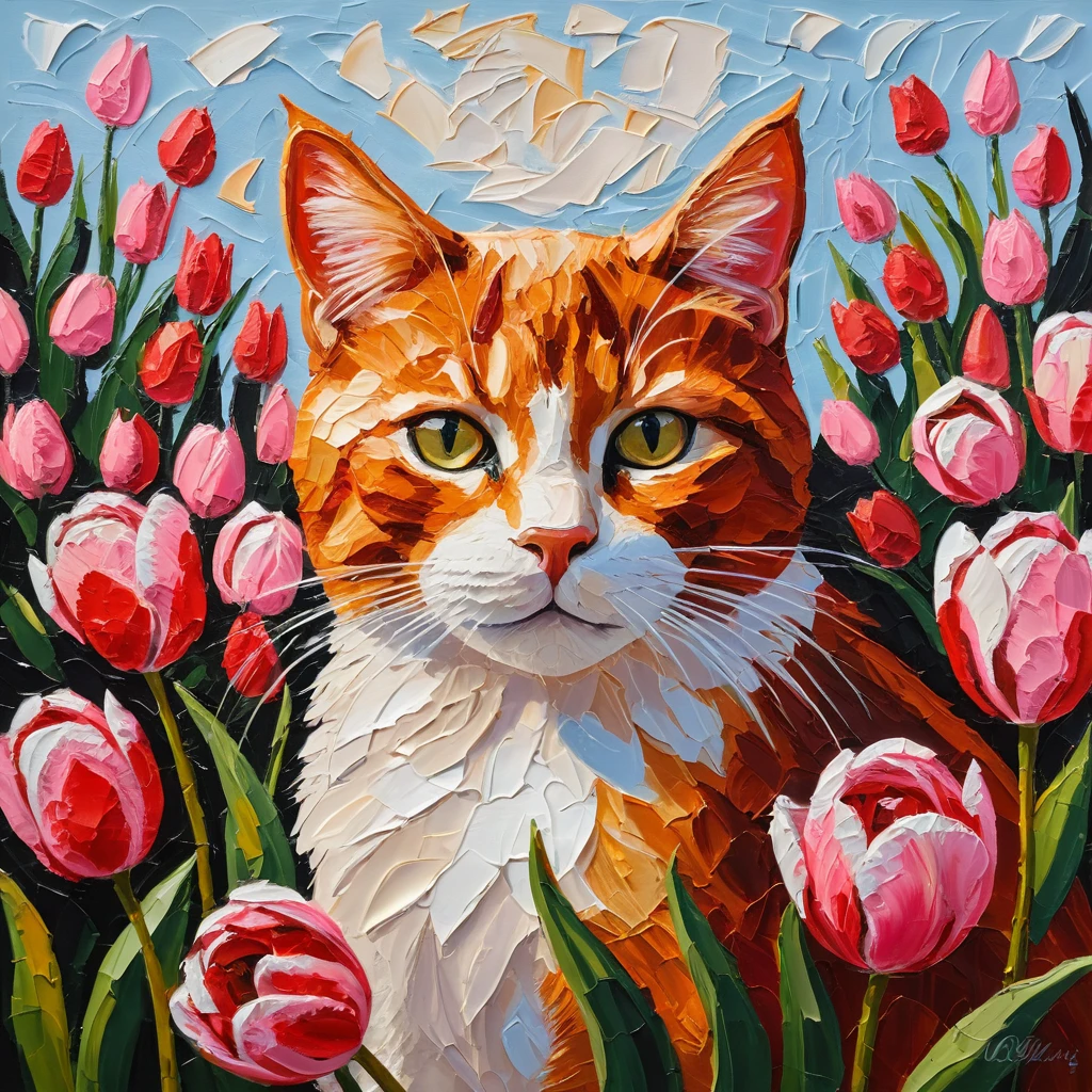 Gato tigrado ruivo em uma vibrante pintura de tulipas em impasto