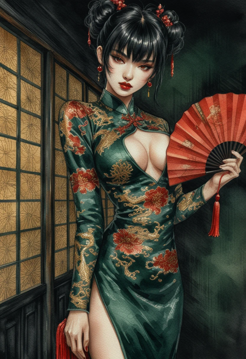 Mujer de cabello oscuro con qipao esmeralda y abanico plegable
