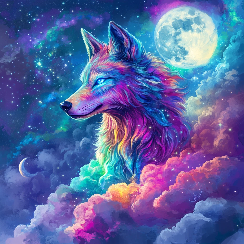 Lobo místico de arco-íris correndo por um céu noturno brilhante