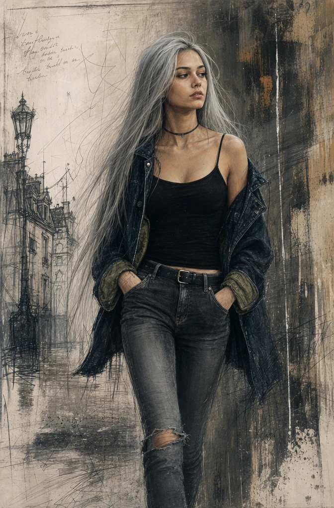 Giovane donna dai capelli argento che cammina in stile mixed media