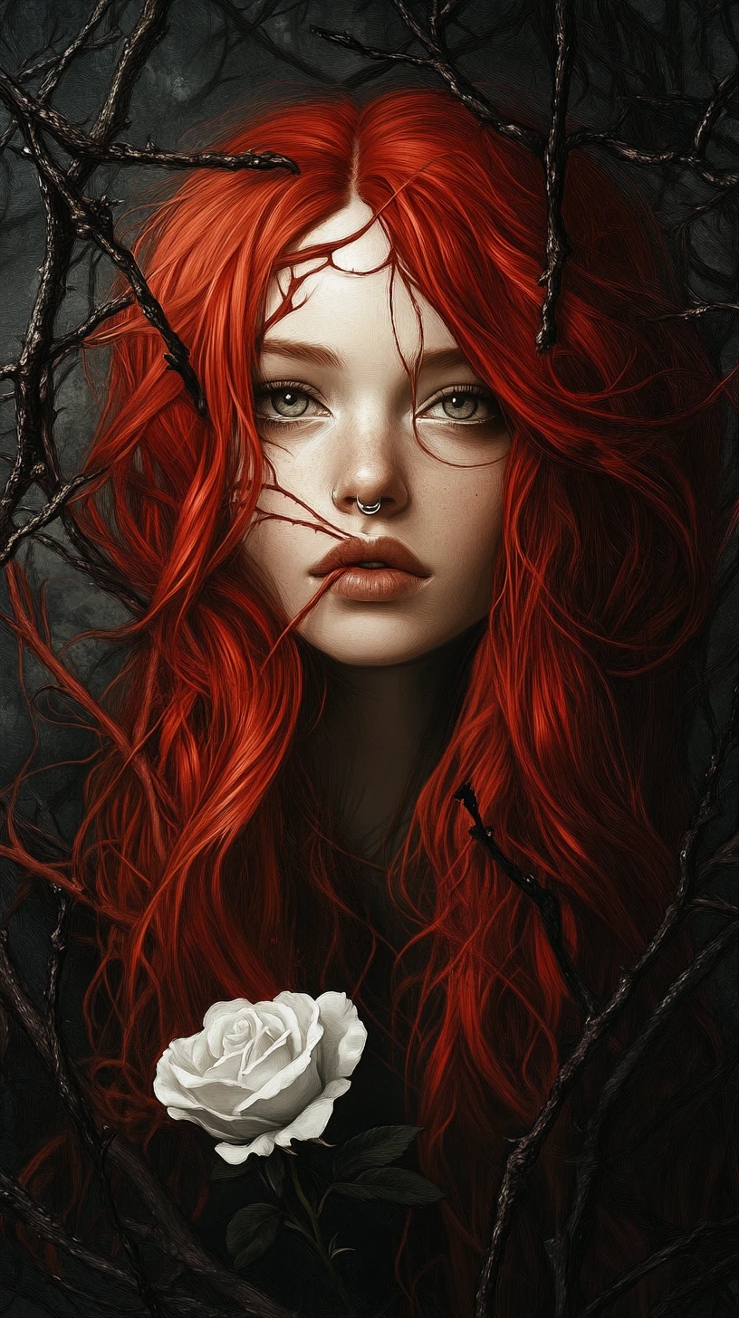 Portrait gothique d’une femme aux cheveux rouge carmin