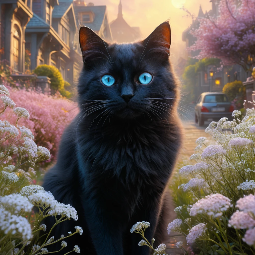 Gato preto com olhos de cristal entre flores rosa suaves