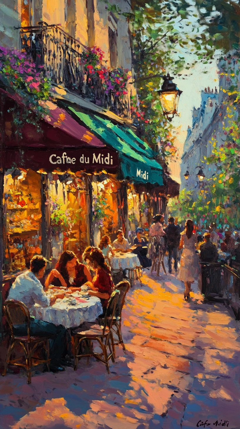 Café de rua parisiense na hora dourada em óleo sobre tela