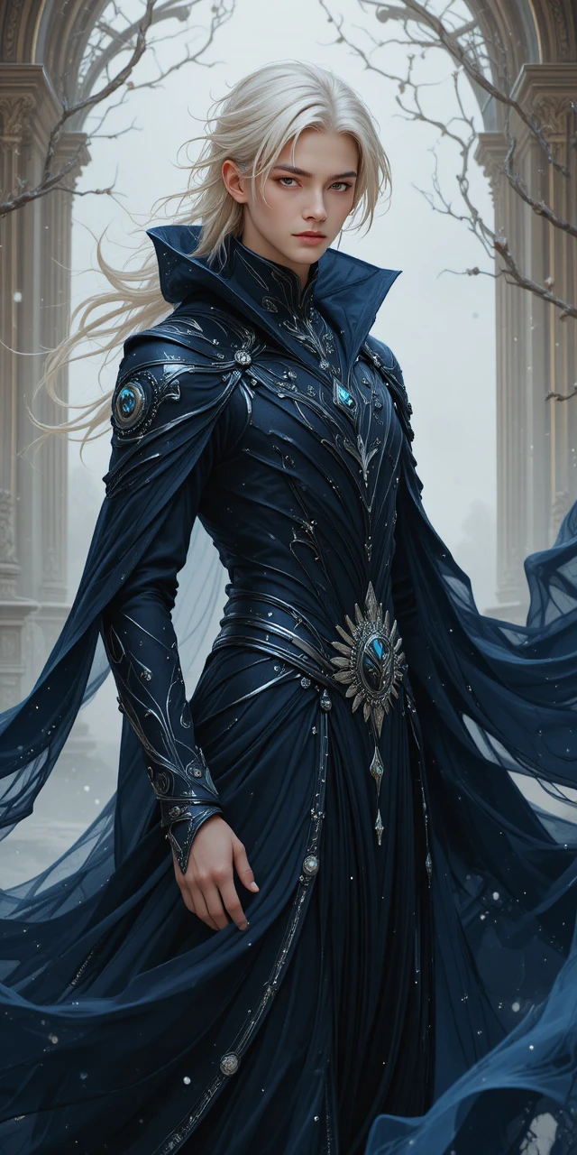 Homme de fantasy agile aux cheveux cendrés en robes fluides superposées