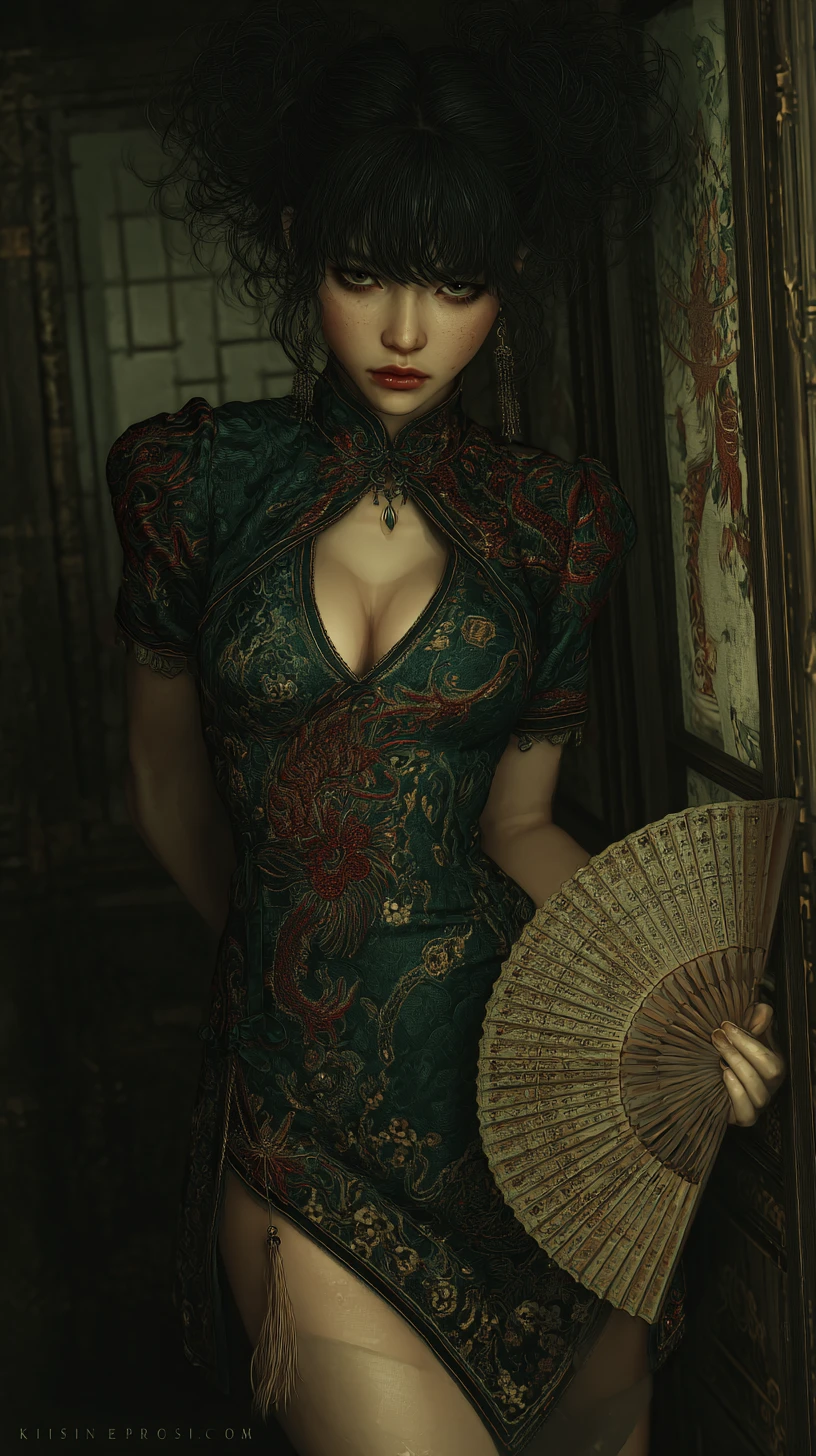 Femme dark fantasy en qipao émeraude avec éventail