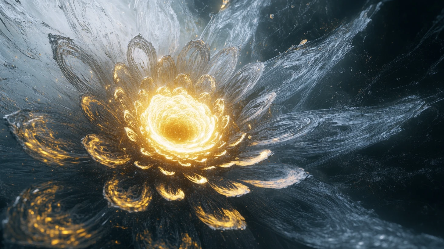 Structure florale colossale en spirale autour d’un noyau de gravité lumineux