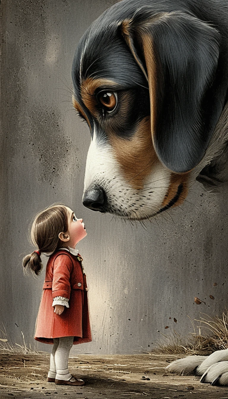 Beagle gigante diante de uma garotinha curiosa em ilustração