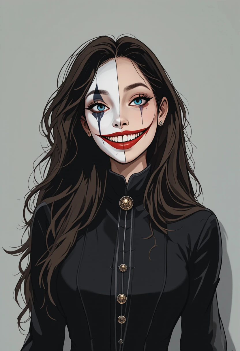 Giovane donna con mezzo volto da clown in abito gotico nero