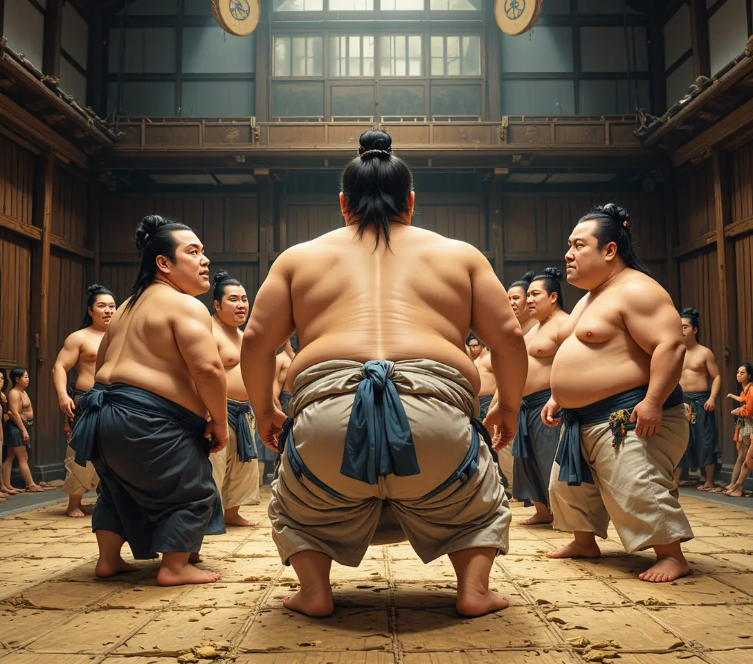 Lottatori di sumo che si allenano in un’arena tradizionale al coperto