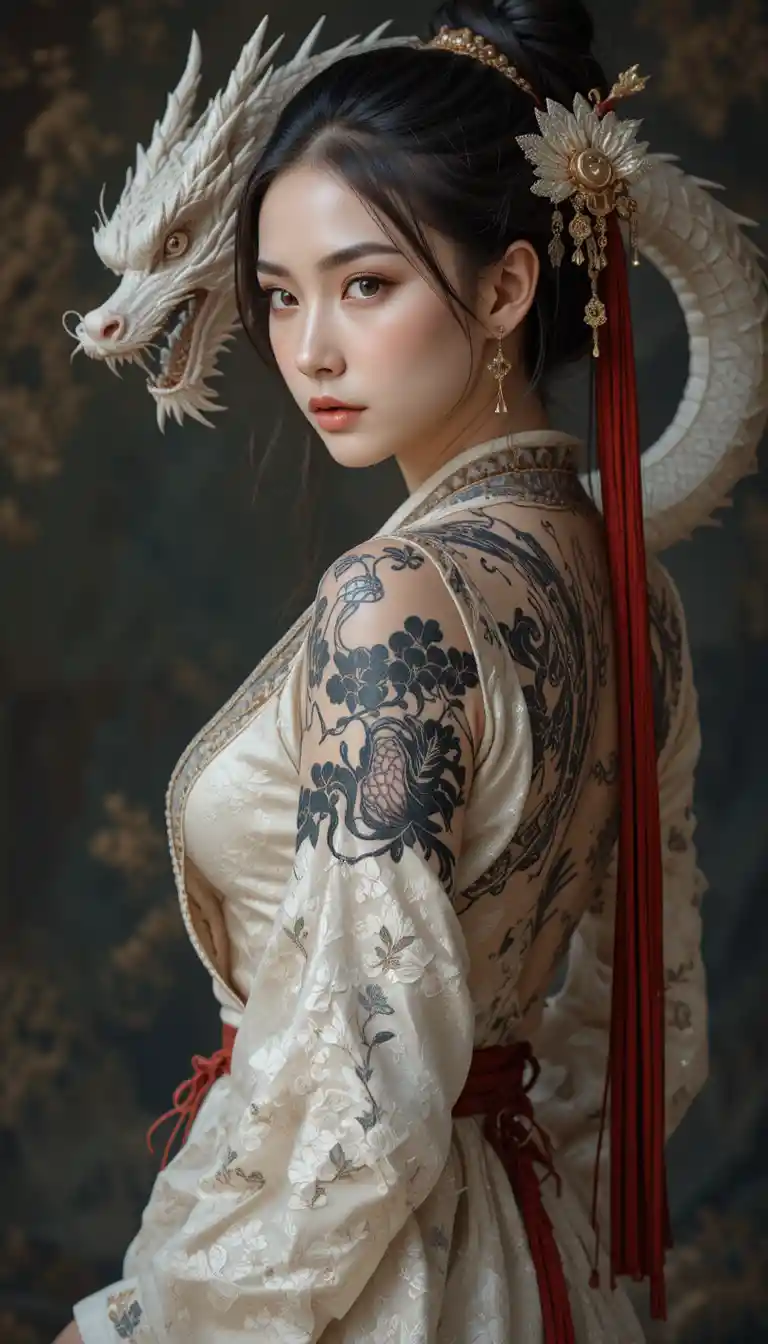 Guerrière asiatique avec tatouage de dragon et ceinture en corde rouge