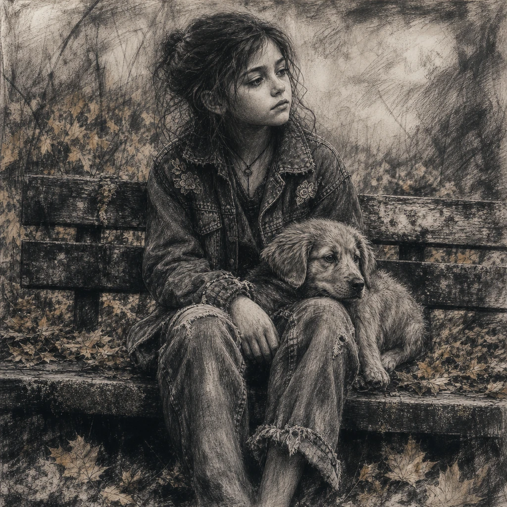 Melancholisches Mädchen mit Welpen auf moosiger Bank als Kohlezeichnung