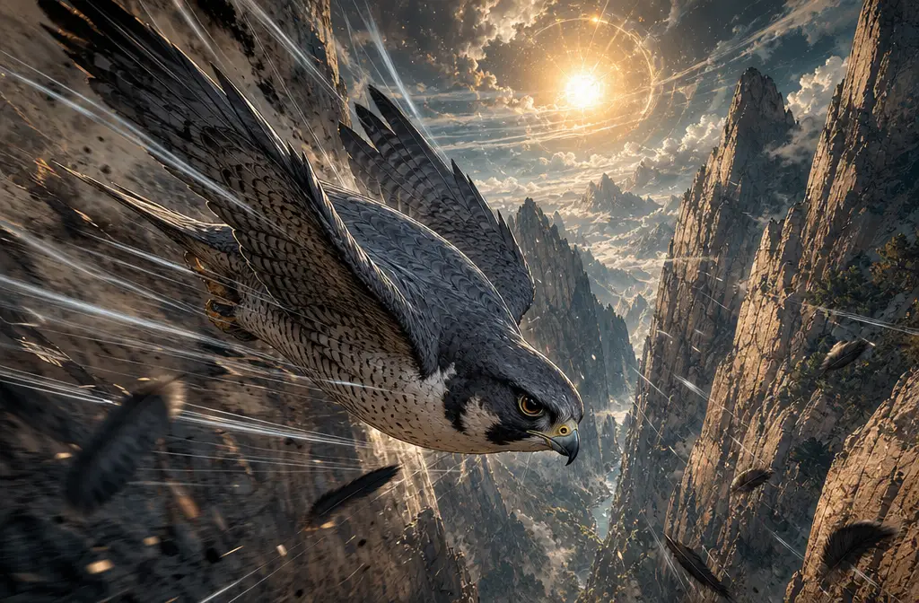 Peregrine falcon diving through a rocky mountain canyon