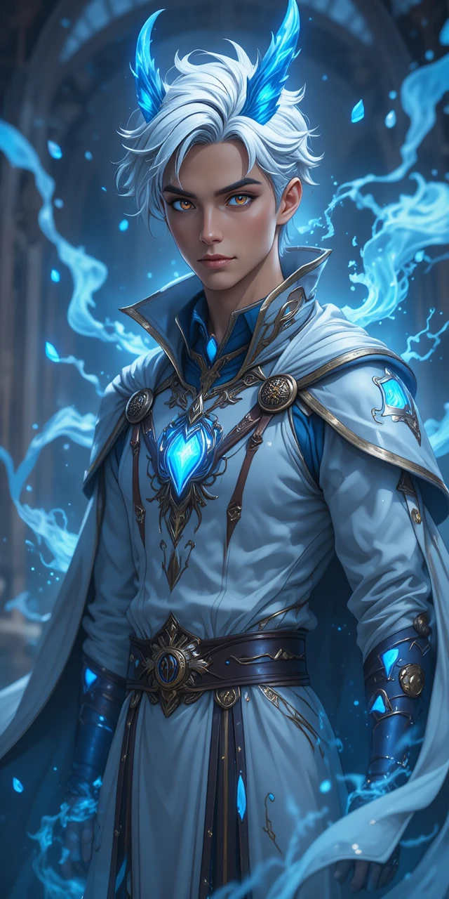 Homme eliatrope en anime avec bois bleus lumineux et runes