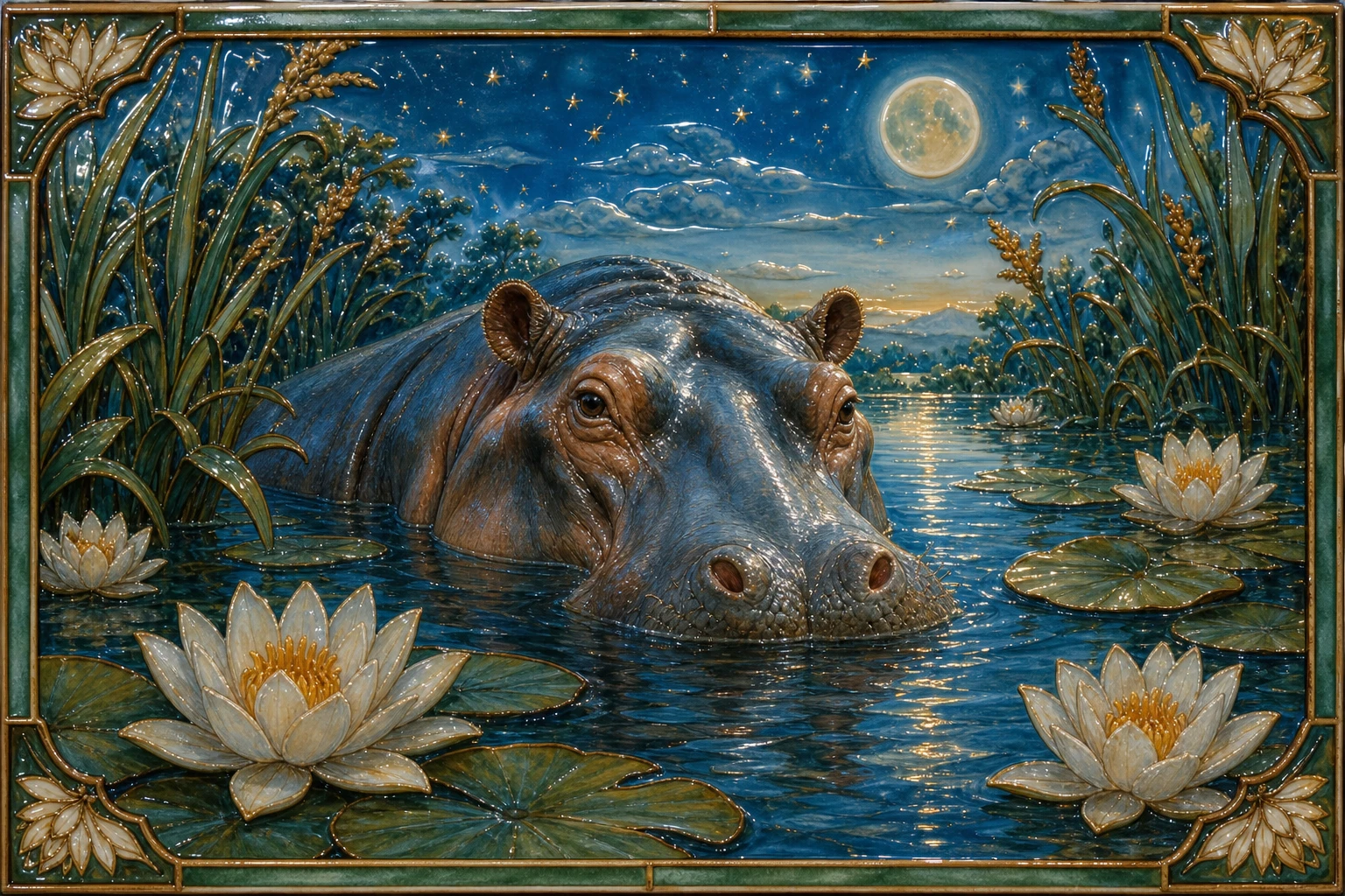 Erwachsenes Nilpferd in einem ruhigen afrikanischen Fluss mit Seerosen