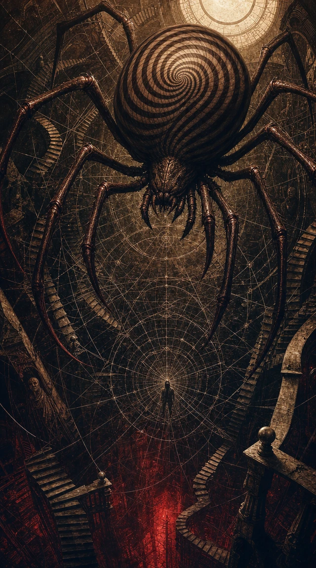 Araña gigante sobre una telaraña en espiral en una cámara en ruinas