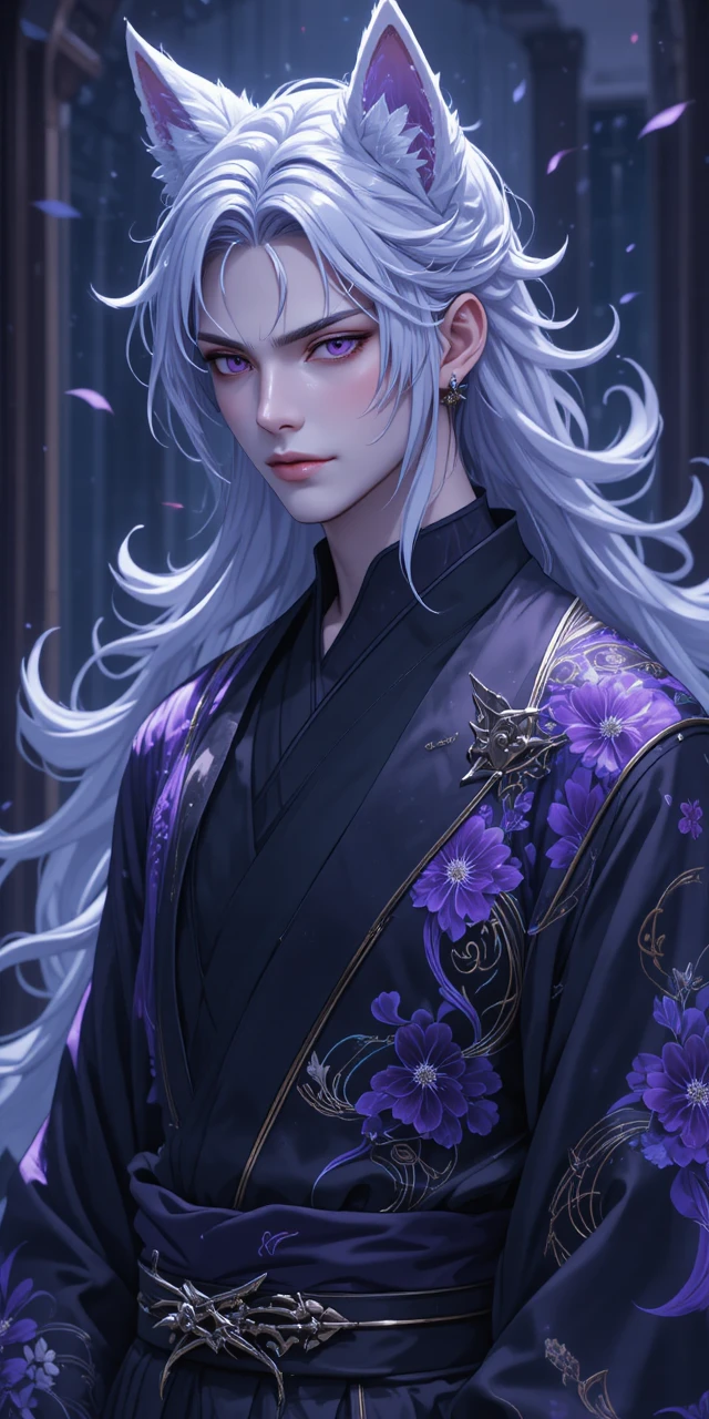 Elegante uomo anime con orecchie da volpe in kimono moderno scuro