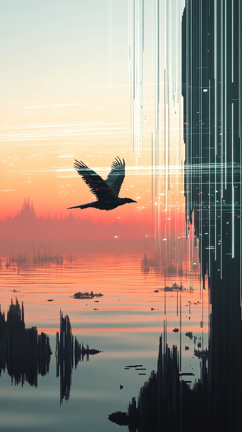 Pássaro voando por paisagem abstrata fragmentada em voxels