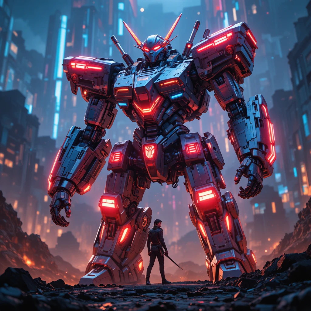 Futuristische Mecha-Krieger in einem dramatischen Sci‑Fi‑Universum