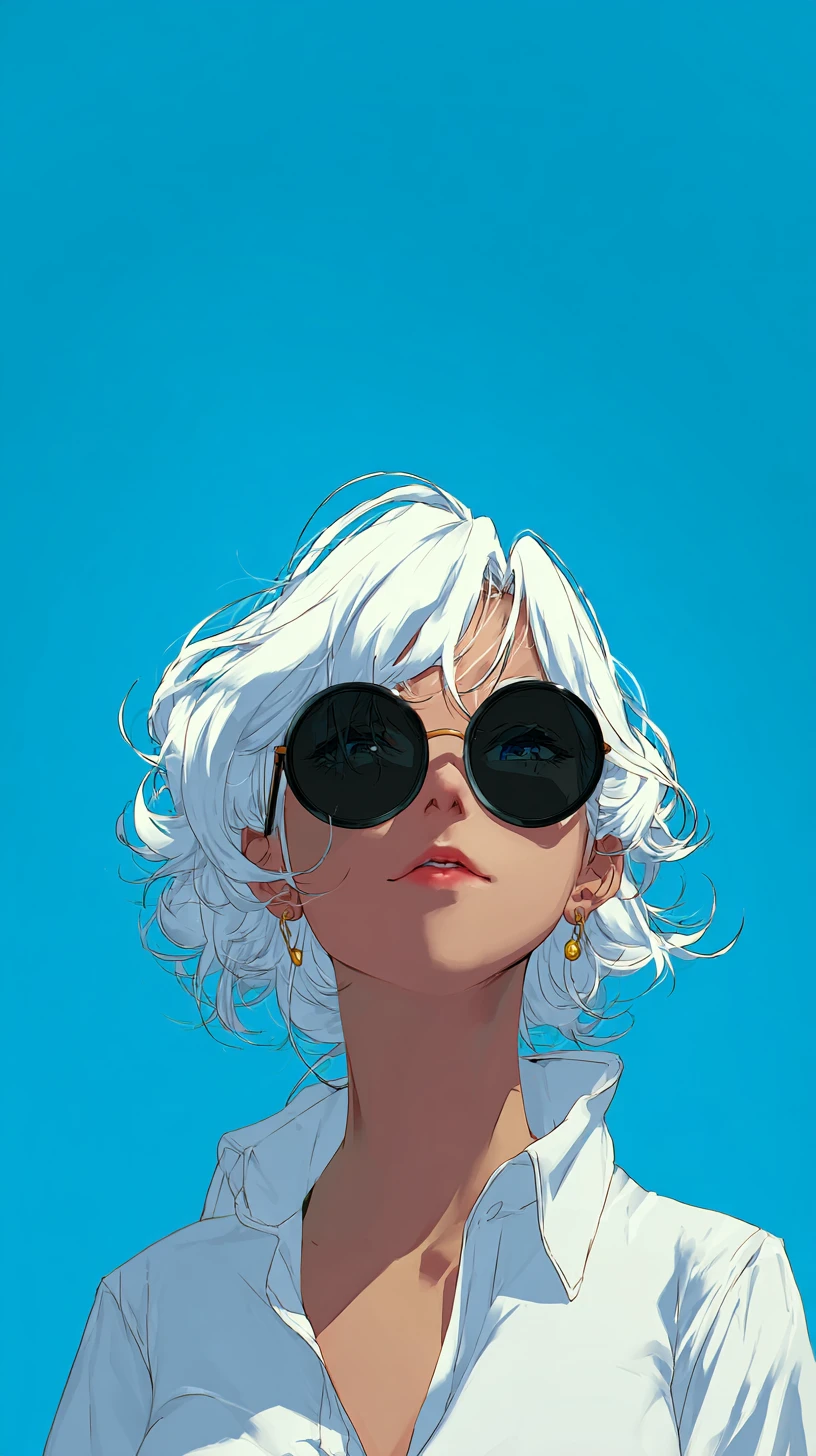 Ragazza anime con capelli bianchi e occhiali da sole rotondi – ritratto