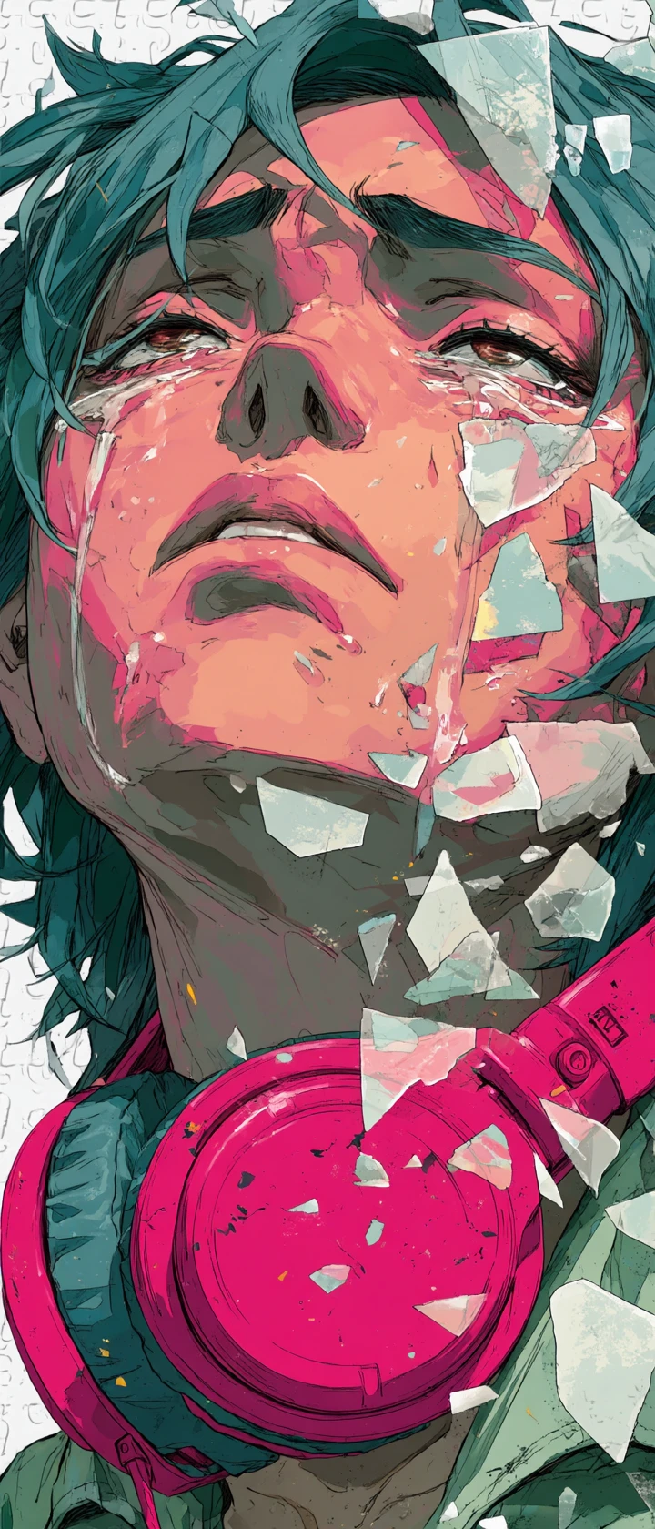 Chico de anime llorando con auriculares y notas musicales hechas añicos