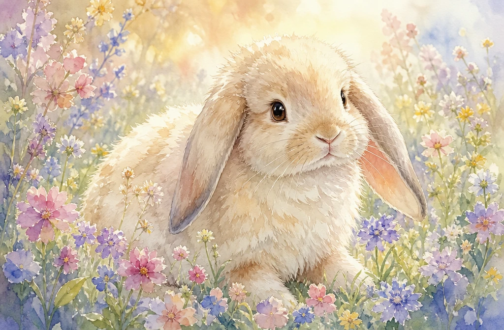 Coelho em aquarela descansando entre flores silvestres em tons pastéis suaves