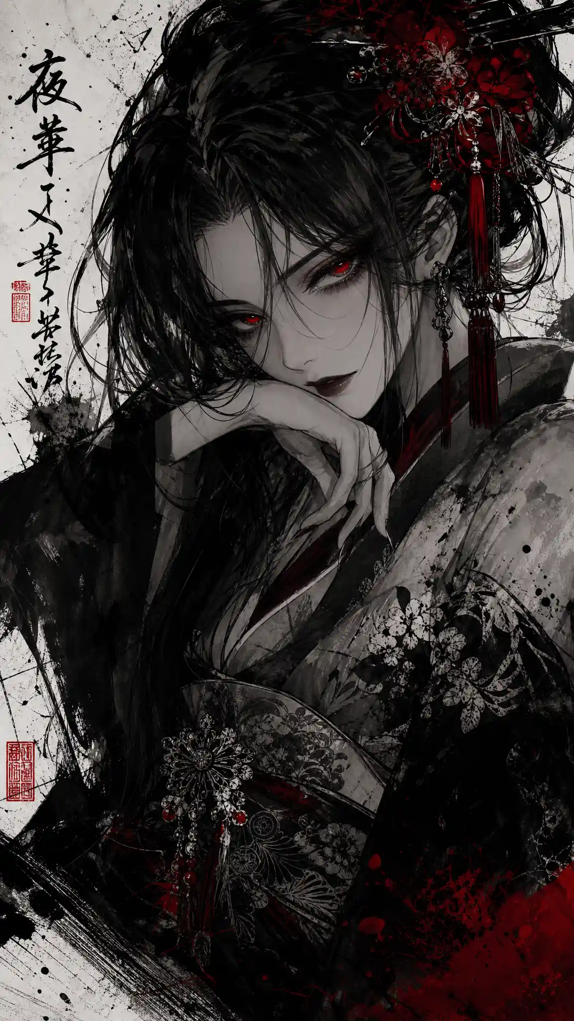 Anime woman in kimono with glowing red eyes