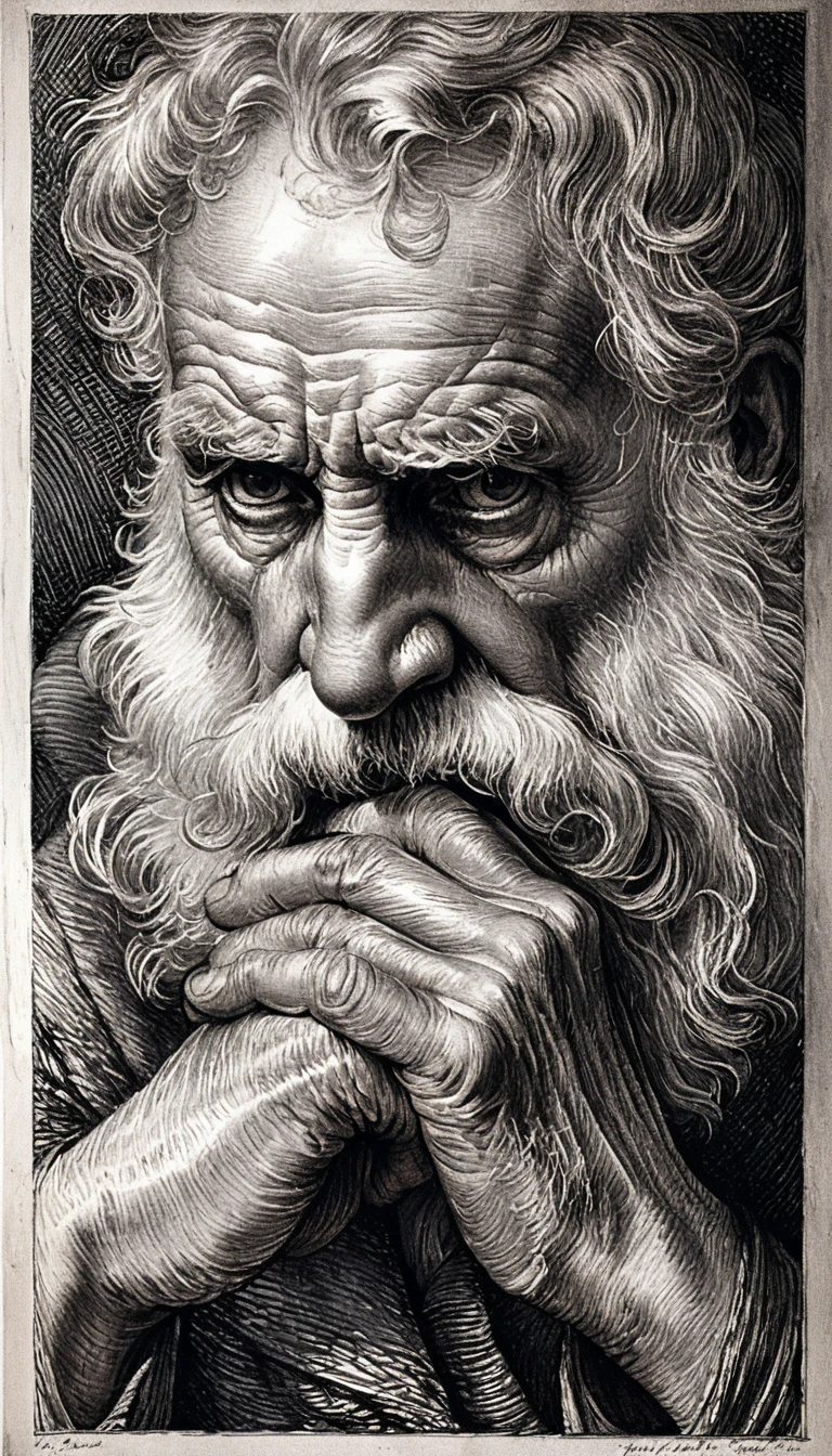 Retrato gravado de um idoso pensativo com olhar intenso