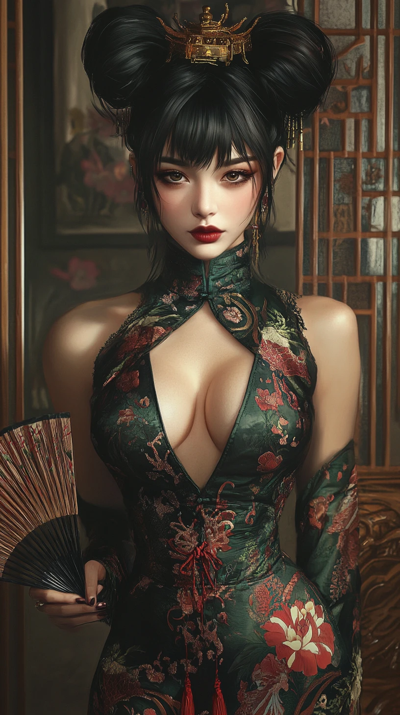 Mulher misteriosa em qipao esmeralda com leque em quarto sombrio