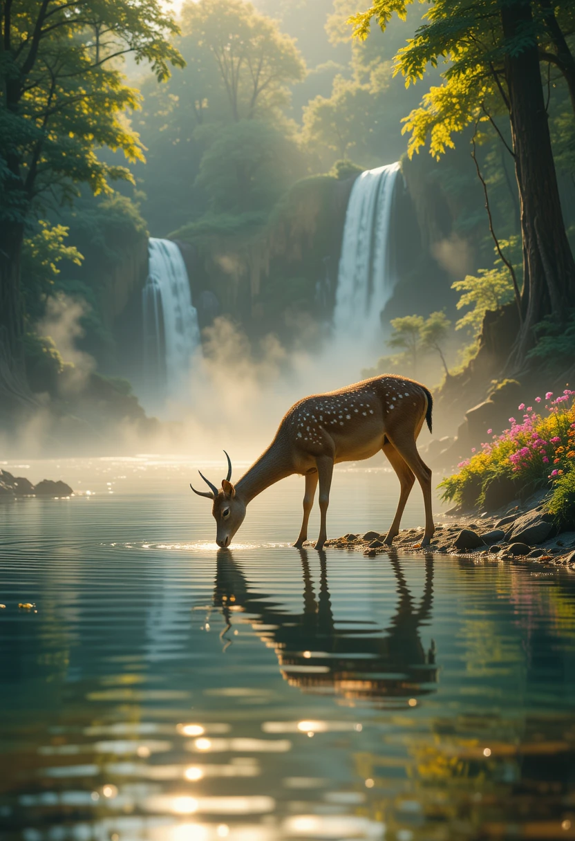 Cerf gracieux buvant au bord d’un lac de jungle baigné de soleil