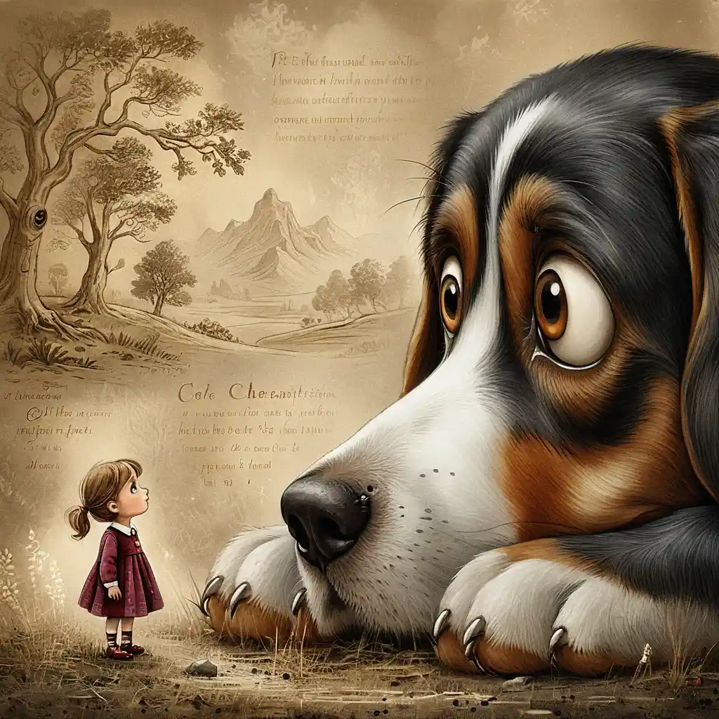 Beagle gigante di fronte a una minuscola bambina in un'illustrazione drammatica