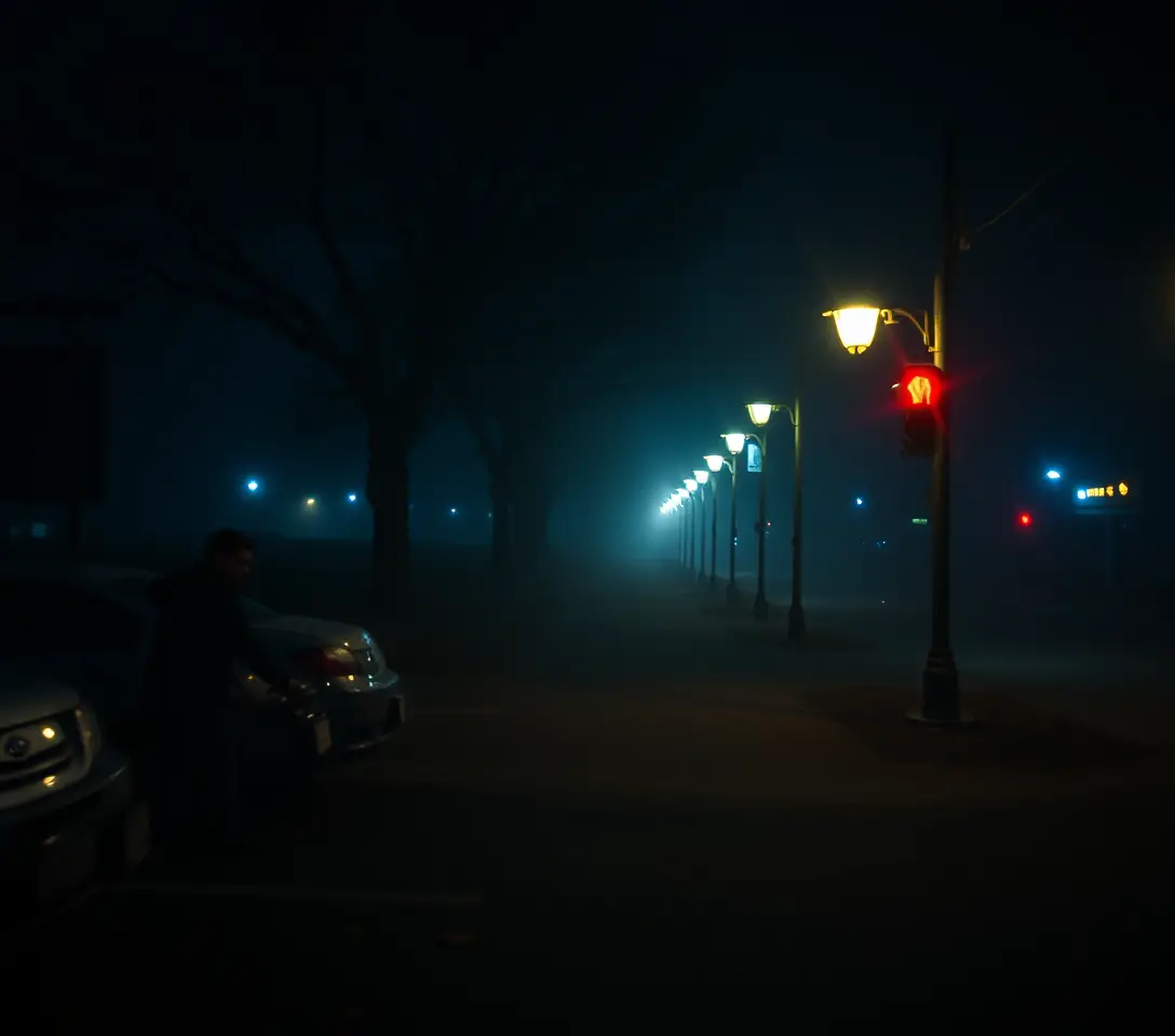 Surreal night scene capturing the heavy tension of dangerous waiting