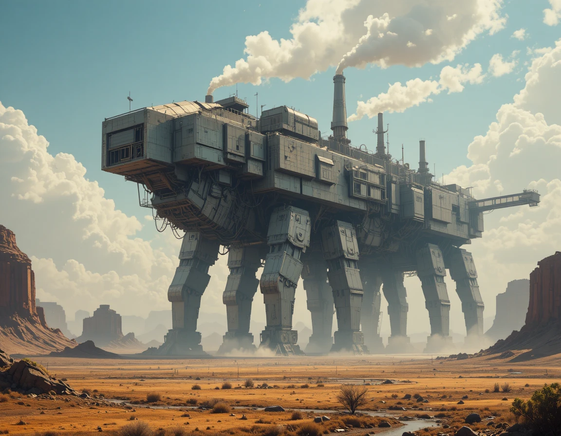 Colossal fortaleza móvel cruzando uma paisagem desolada e árida
