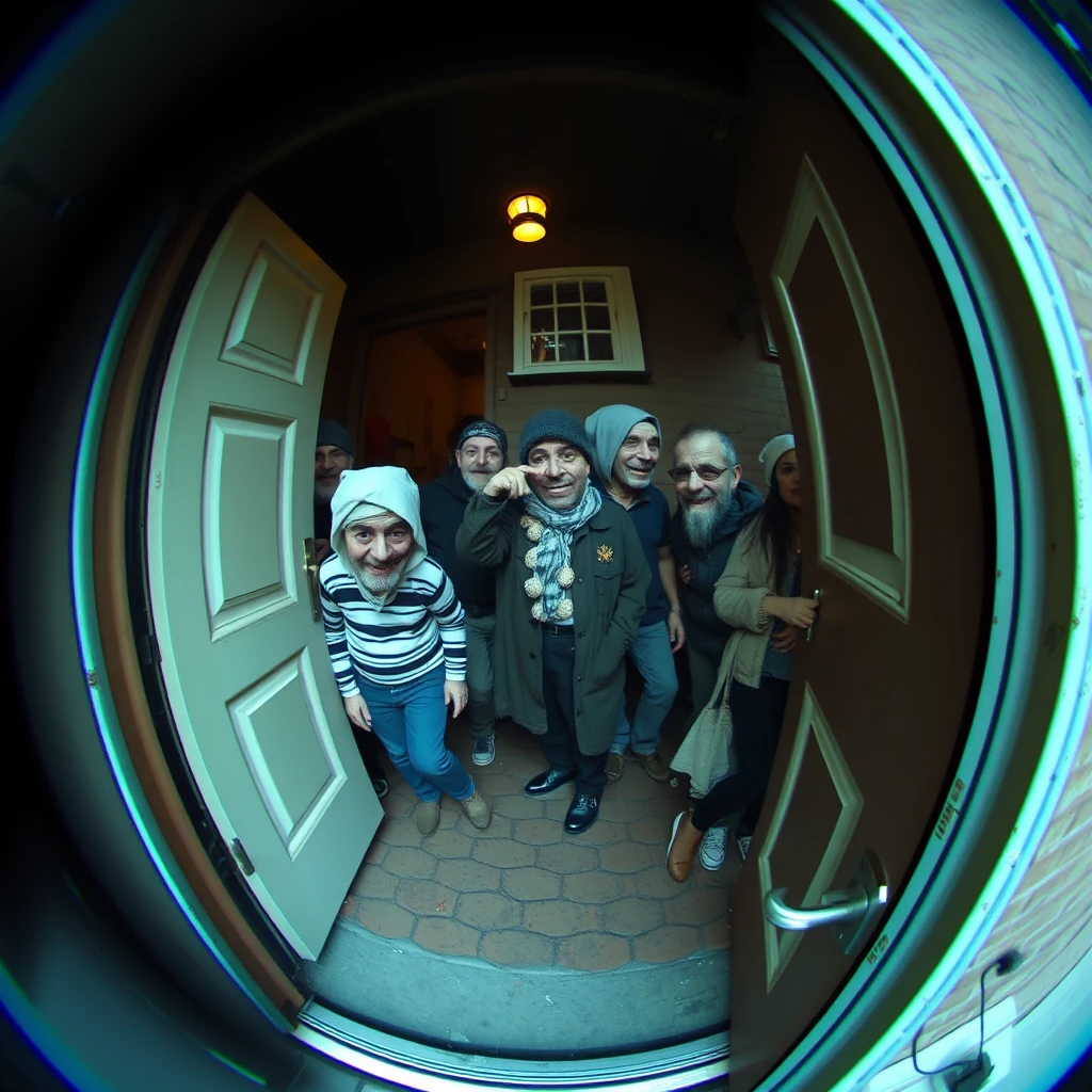 Gruppo surreale di persone visto dallo spioncino con lente fisheye