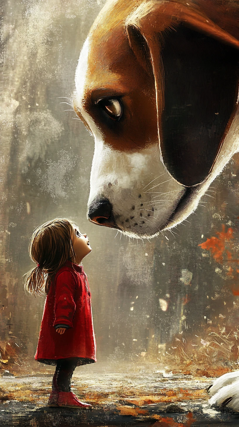 Beagle gigante diante de uma menina minúscula em ilustração dramática