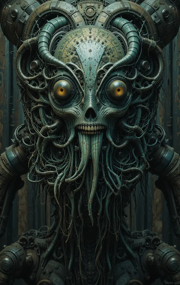 Parasitic biomechanical organism in industrial green tones