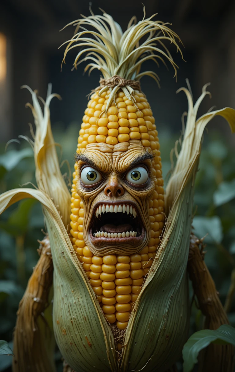 Angry cartoon corn stalk flashing with wide googly eyes