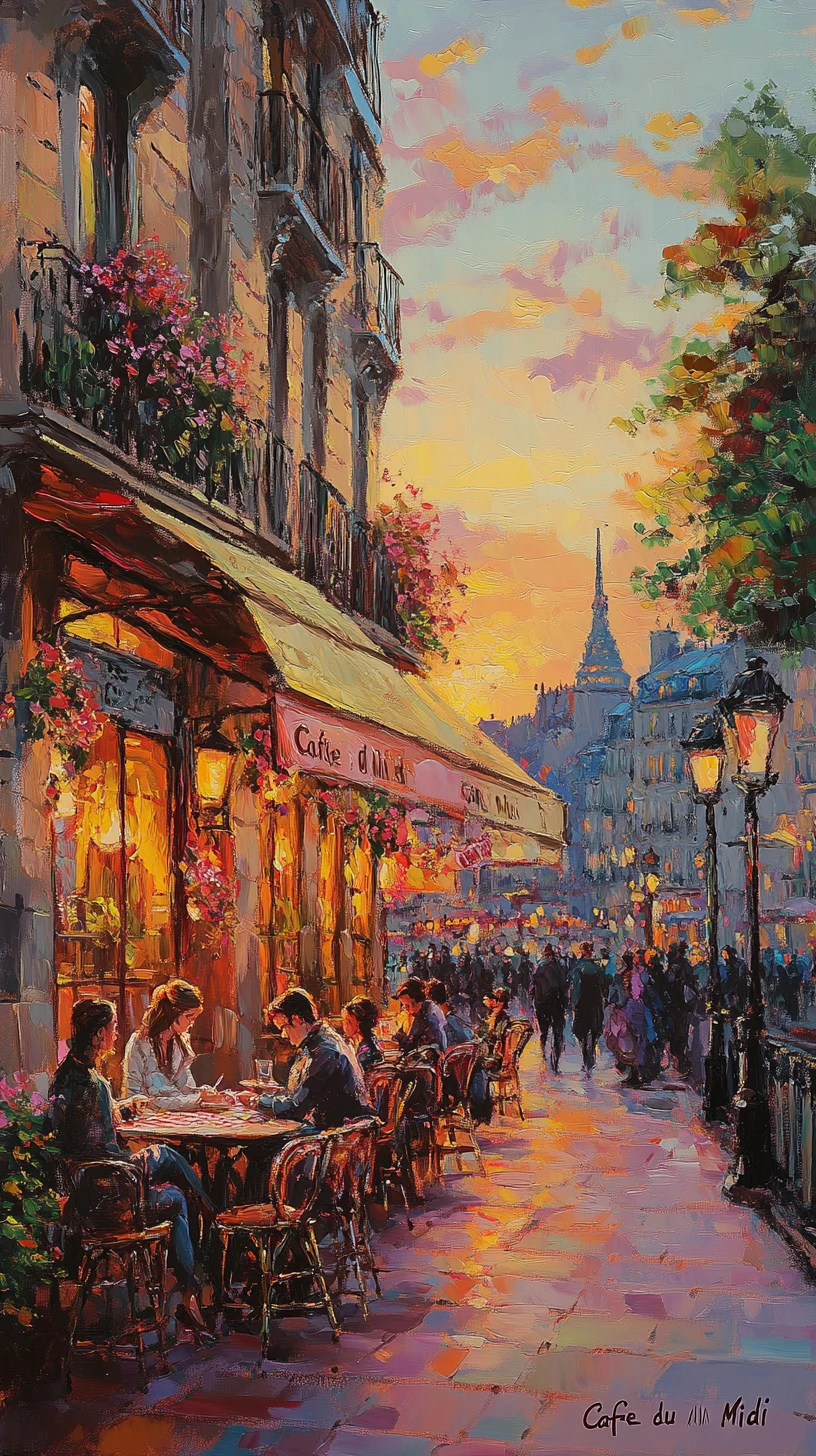 Café de calle en París a la hora dorada con un animado público nocturno