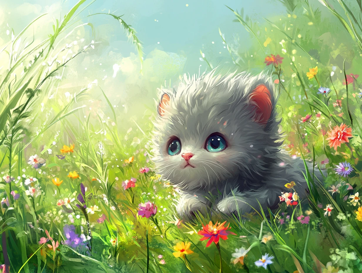 Adorável filhote em um prado verde brilhante com flores