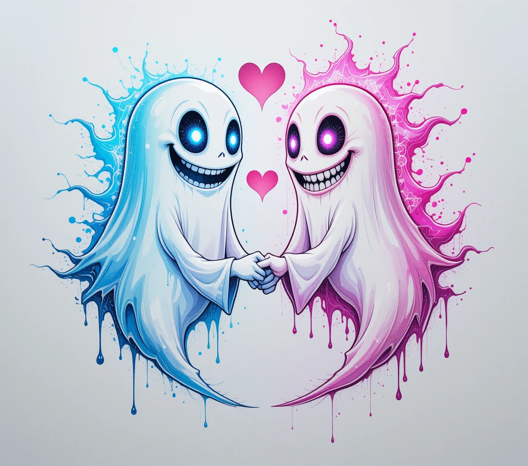Adorable couple de fantômes se tenant la main dans un art style tatouage