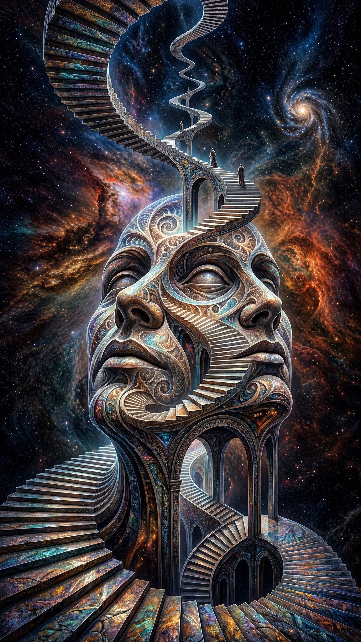 Escadaria infinita surreal erguendo-se em espaço fractal abstrato