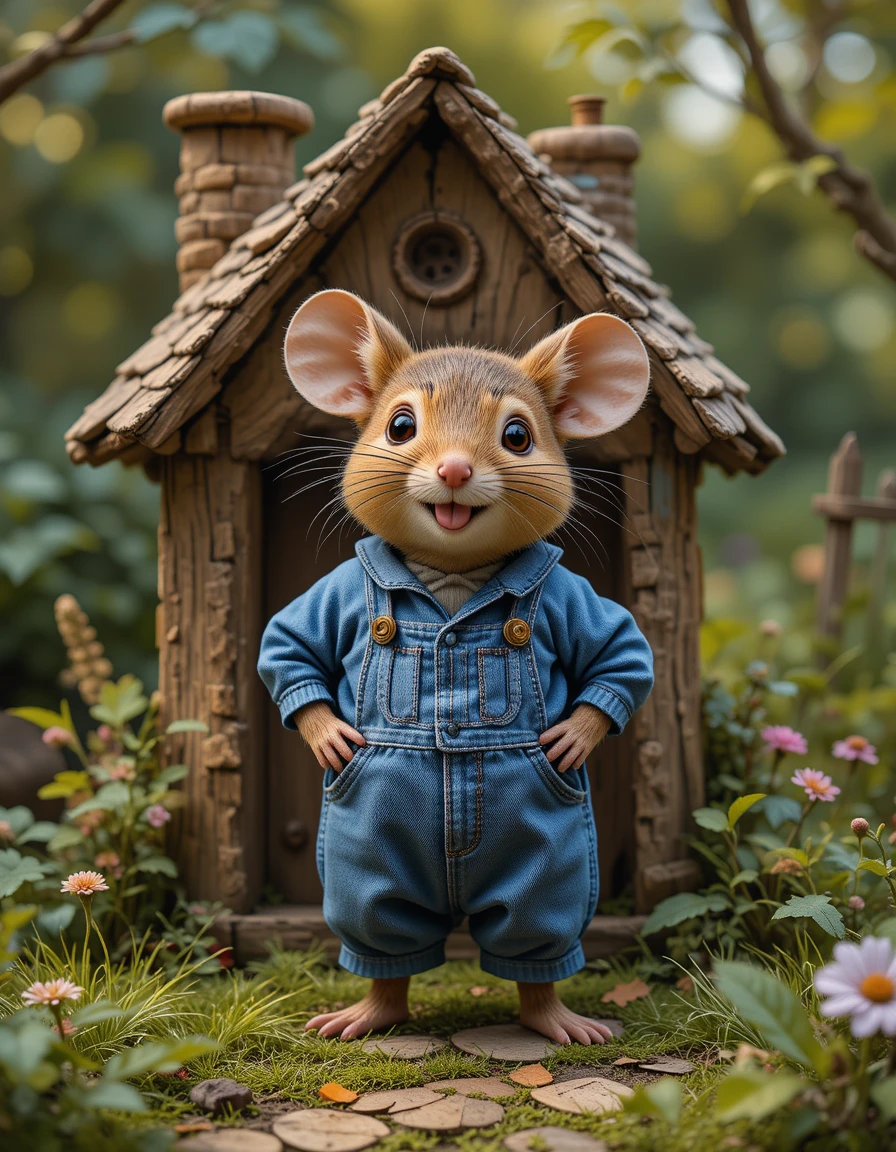 Rato de desenho animado de macacão em pé orgulhoso ao lado de sua casinha aconchegante