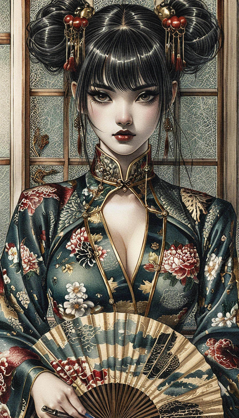 Mulher de dark fantasy em qipao esmeralda com leque