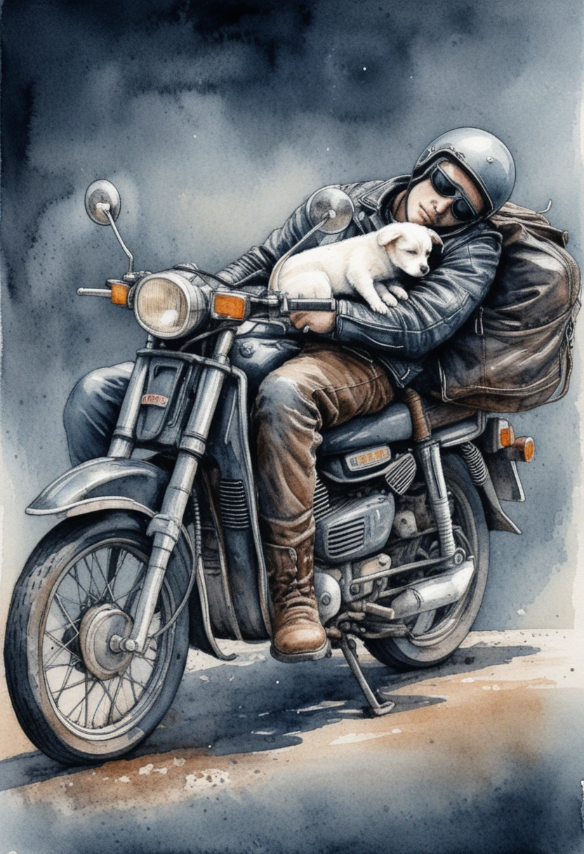 Motociclista cansado dormindo em moto vintage com filhote