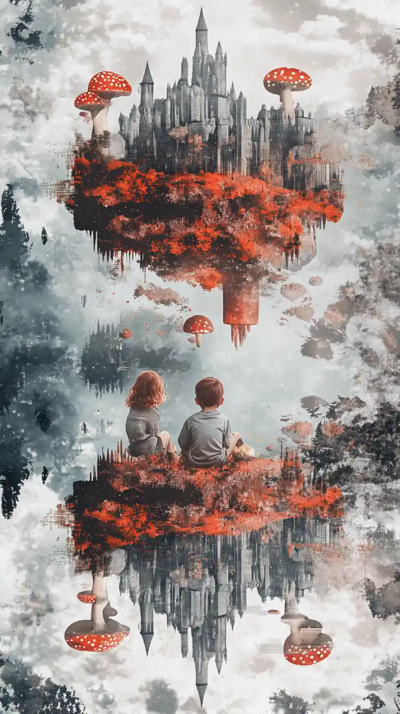 Child And Creature Reflected In Surreal Mushroom Landscape