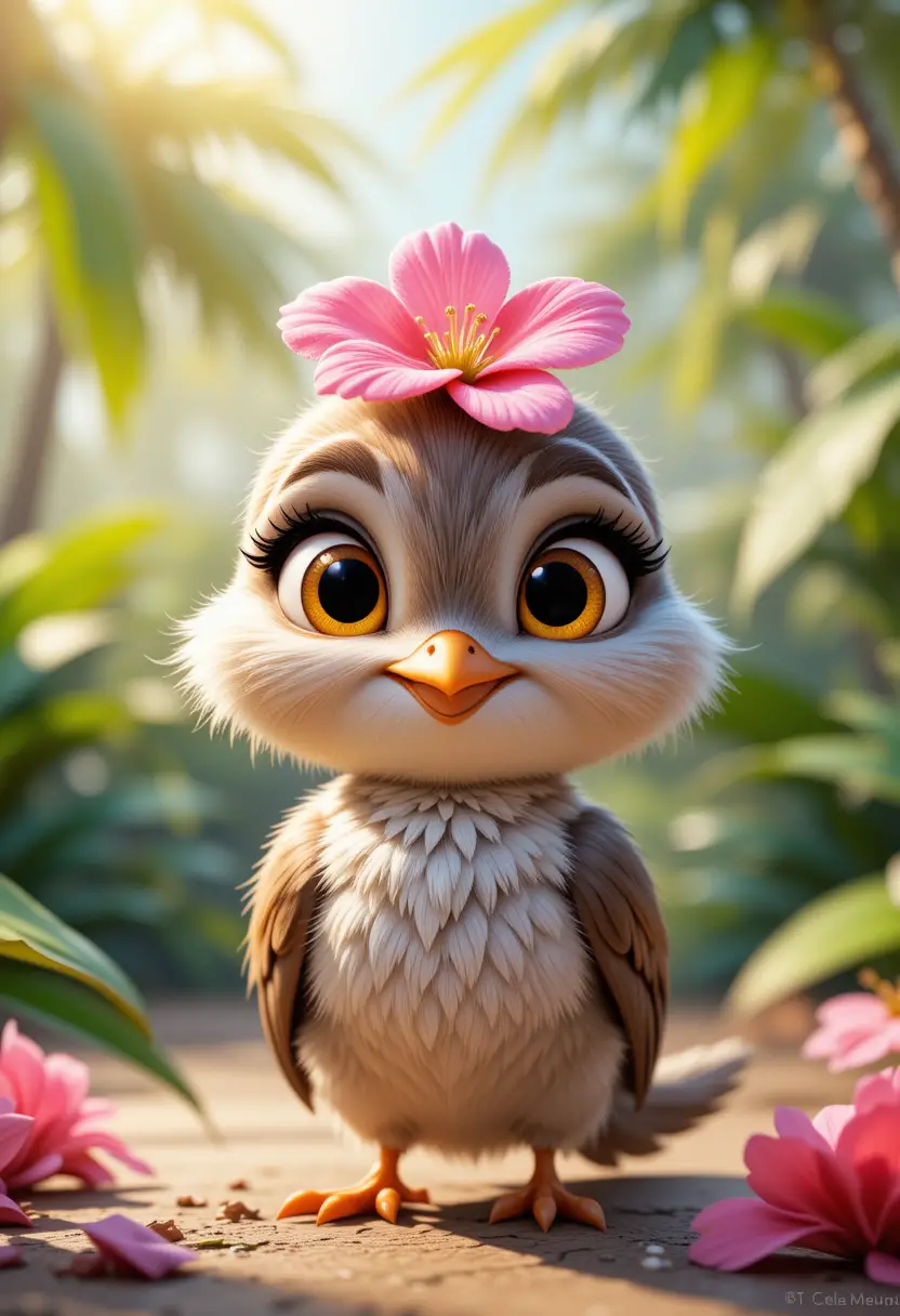Dolce uccellino bebé cartoon con fiore alla luce del sole tropicale