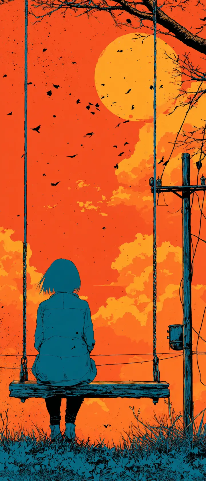 Einsames Anime-Mädchen auf einer Schaukel im warmen orangefarbenen Sonnenuntergang