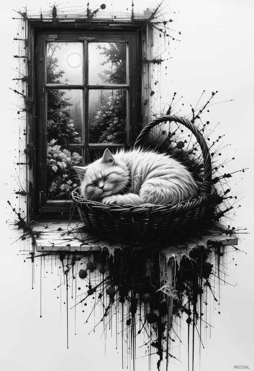 Chat persan endormi dans un panier sous une fenêtre ensoleillée