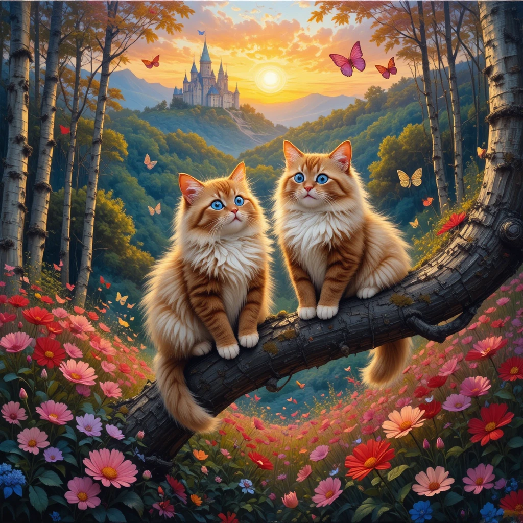 Chats des Forêts Norvégiennes Joueurs sur une Branche au Coucher du Soleil