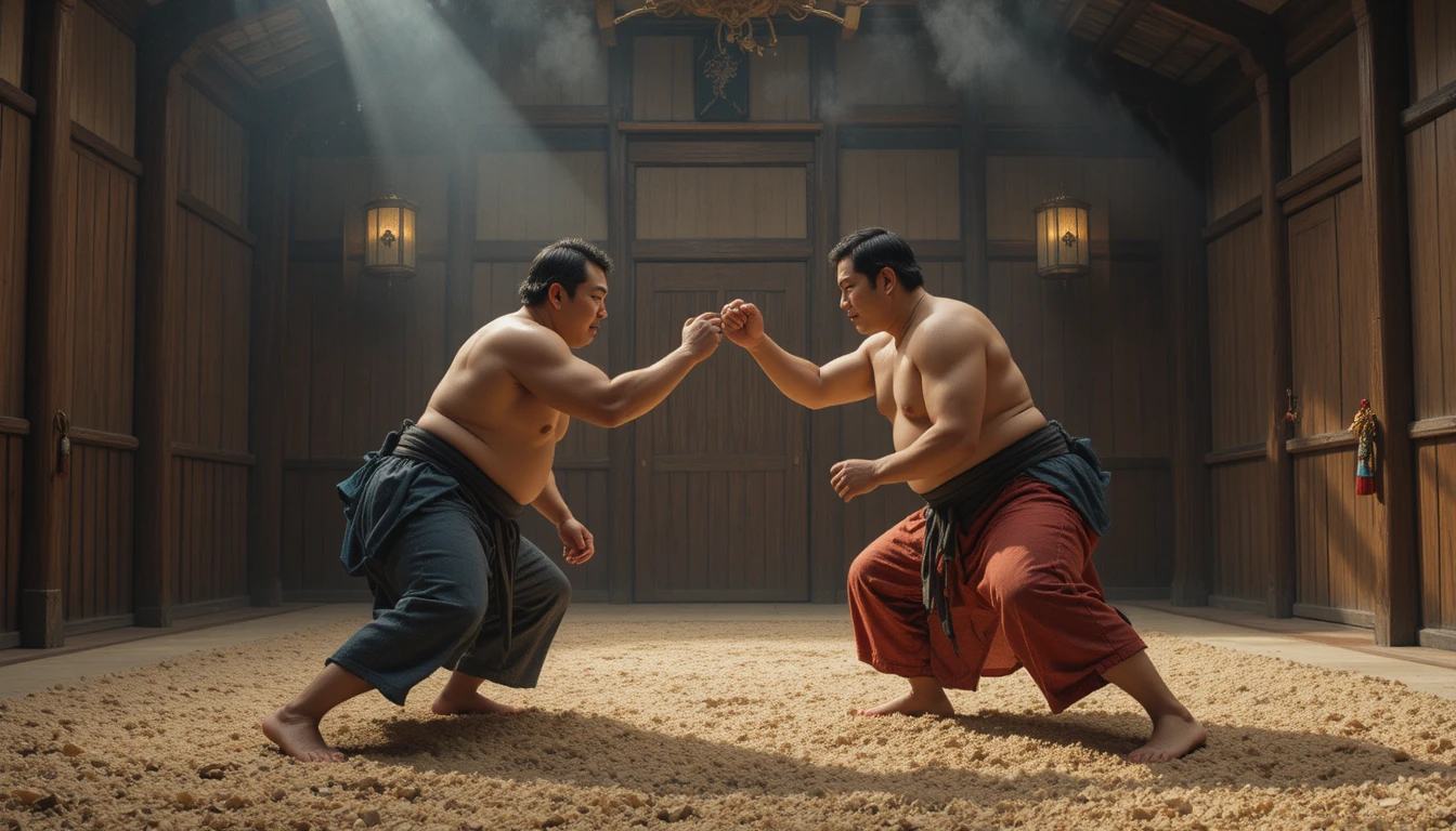 Lottatori di sumo si scontrano in un’arena giapponese tradizionale al chiuso