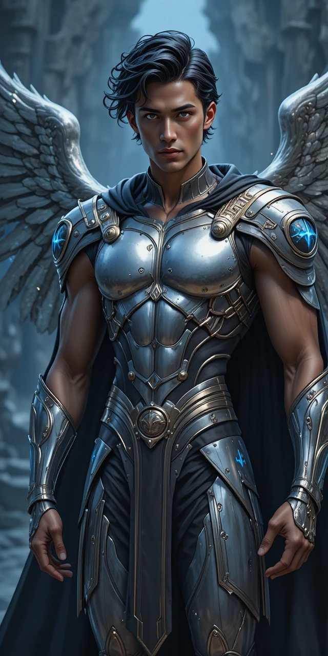 Prince guerrier d’anime ailé en armure d’argent runique